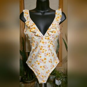 Cupshe Kids Floral Ruffle Bodysuit - Cream and Yellow